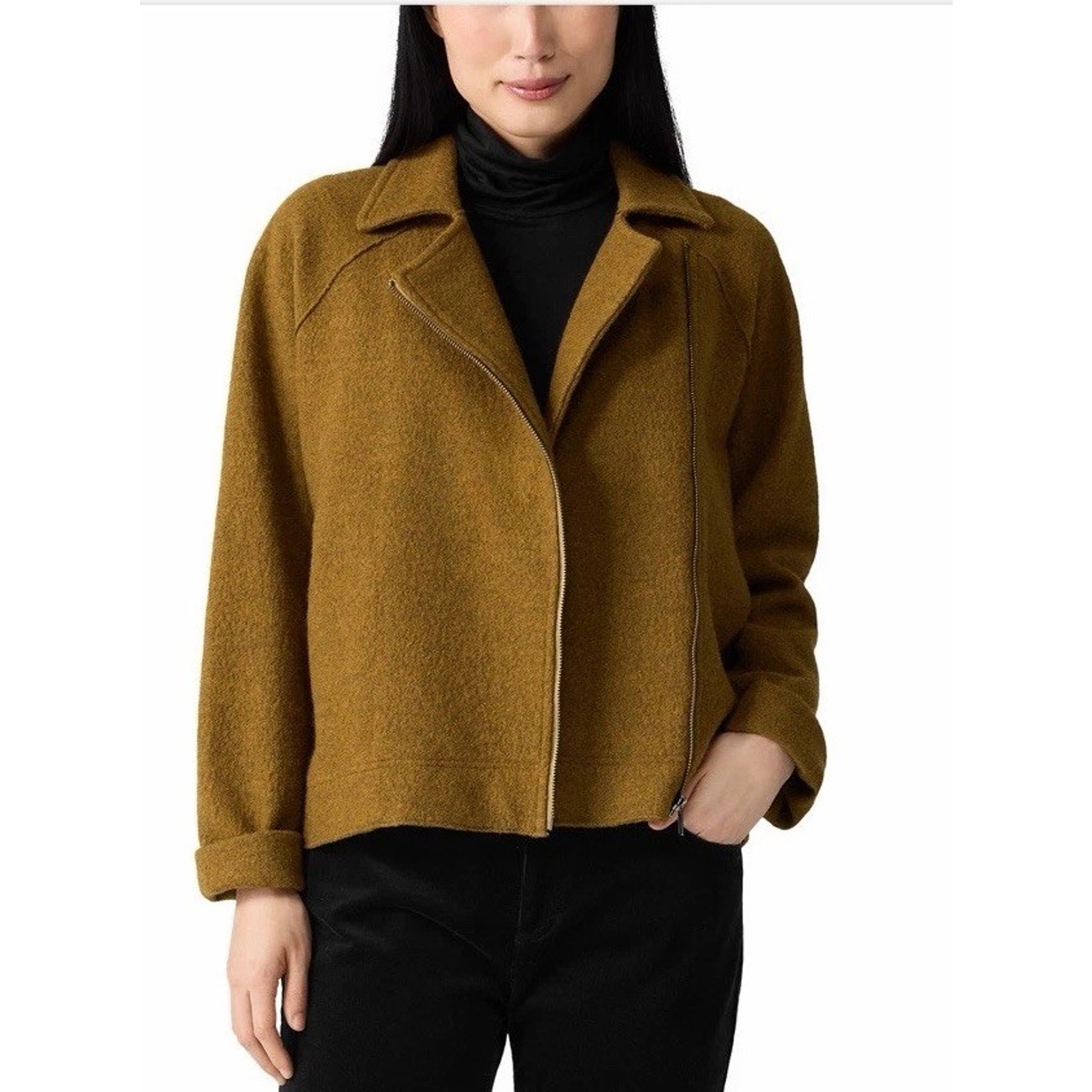 Eileen Fisher Lightweight Boiled Wool Motorcycle Jacket Gold Leaf L $388
